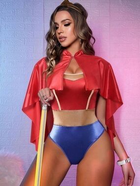 Red Capelet Bodysuit with Gold Accents - Women Tops